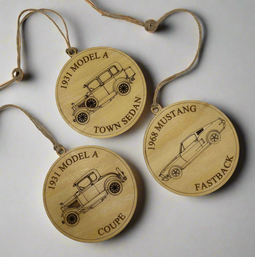 Ford Model A, 1957 Chevy, Mustang Handcrafted Laser-Engraved Christmas Ornament (1 piece)