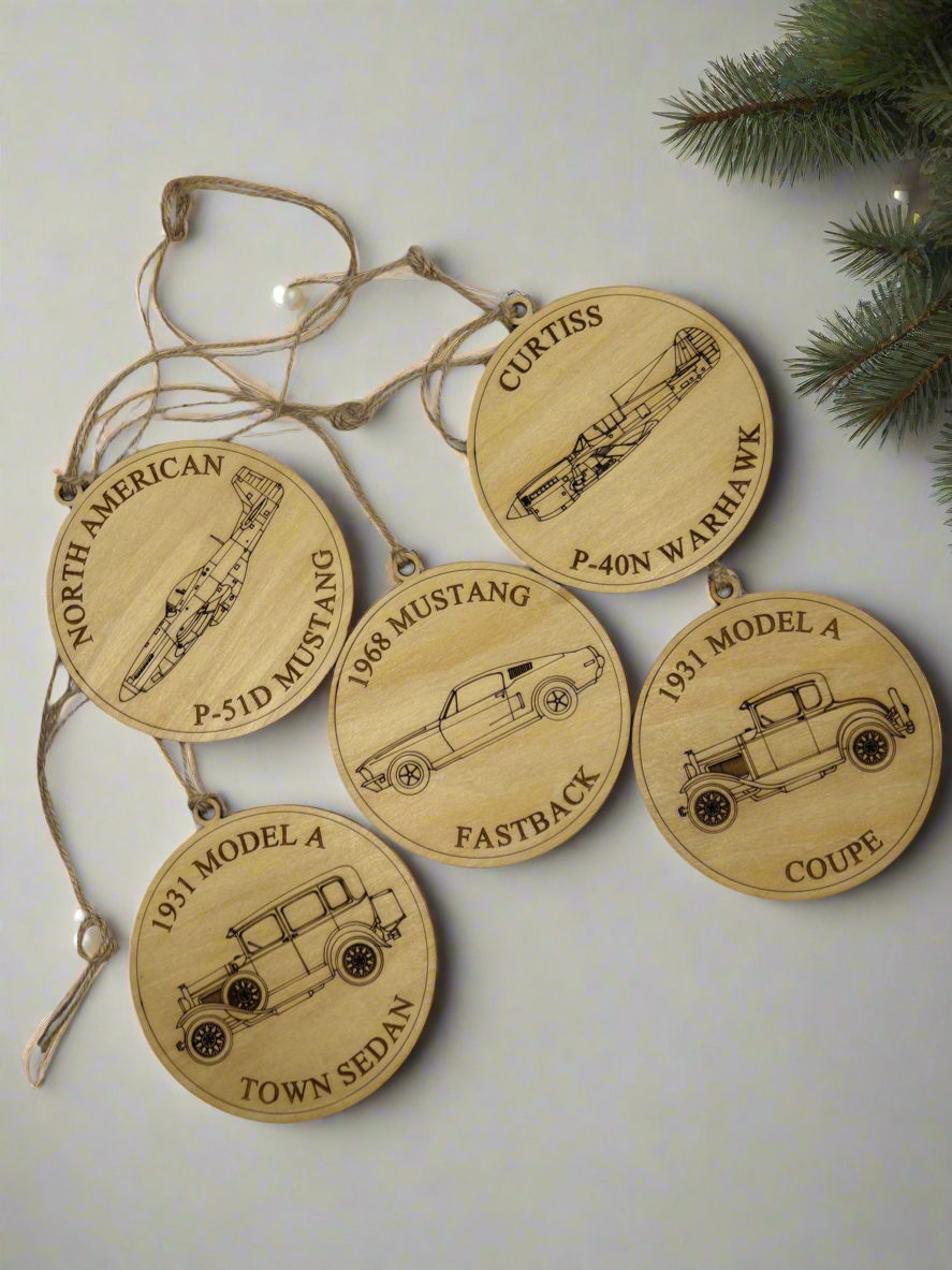 Ford Model A, 1957 Chevy, Mustang Handcrafted Laser-Engraved Christmas Ornament (1 piece)